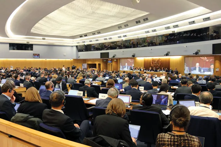 The adoption of an initial strategy on the reduction of GHG emissions from ships was one of the key items on the agenda of IMO’s Marine Environment Protection Committee (MEPC 72), which was held at IMO Headquarters in London, April 9-13, 2018. (Photo: IMO)