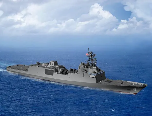 An artist rendering of the guided-missile frigate FFG(X). The new small surface combatant will have multi-mission capability to conduct air warfare, anti-submarine warfare, surface warfare, electronic warfare and information operations. (U.S. Navy graphic)