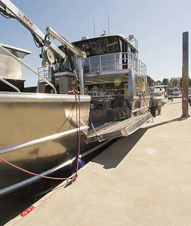 The port side bulwark can be lowered to form a cargo loading ramp alongside or at sea
