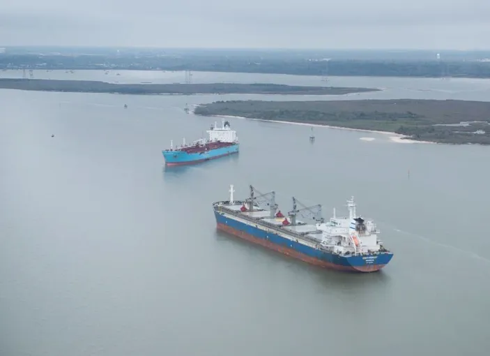 Chemical tanker Carla Maersk and bulk carrier Conti Peridot off Morgan's Point, Texas, March 10, 2015, after being involved in a collision March 9, 2015. (U.S. Coast Guard photo by Dustin R. Williams)