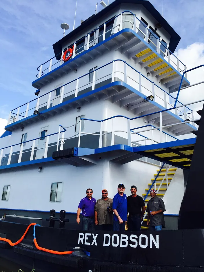 At the commissioning, left to right: Jason Adams, Owner Raymond Louviere Field Foreman; Donald Baudoin, shipyard superintendent; Rex Dobson, shipyard structural superintendent; and Bart Foret, Field Foreman
