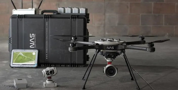 Complete sulfur-sniffer package: a NAS emissions inspection drone made from a modified Aeryon Labs R70 drone; below the original R70. Image: NAS/The Norwegian Coastal Administration