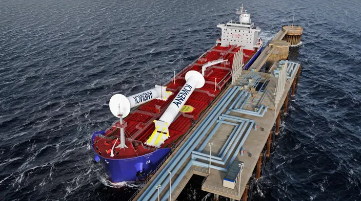 The completed MR tanker concept showing the two Anemoi 5x35m EX-rated Rotor Sails in the folded position (Credit: Anemoi Marine Technologies)