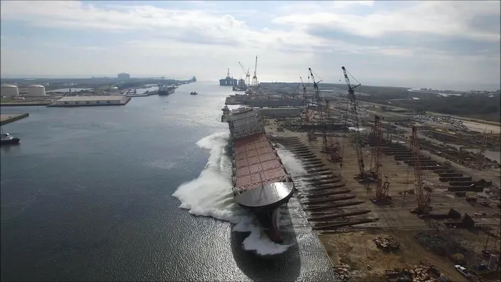 Crowley’s LNG-fueled ConRo ship, Taíno, was launched at VT Halter Marine (Photo: Crowley)
