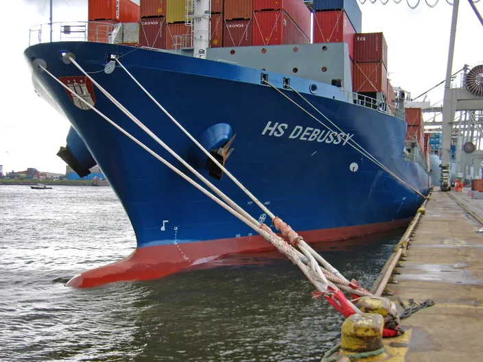 The HS Debussy (3,500 TEU) was built in China at Shanghai Shipyard Co. Ltd. and was launched there in 2009. (Photo courtesy: Hansa Shipping)