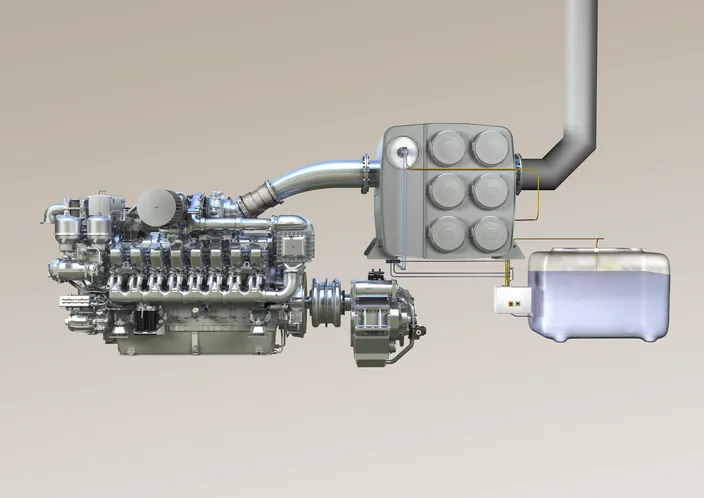 MTU diesel genset 16V 4000 with SCR exhaust aftertreatment for IMO Tier III emission requirements. The nitrogen oxide (NOx) emissions will be cut by 90% compared with the IMO Tier I regulation.