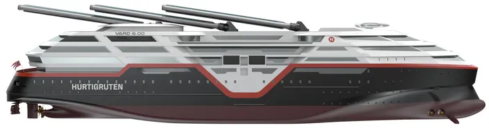 A distinctive feature of the new ship design are the OceanWings sails which can be raised and lowered as needed. Preliminary estimates indicate that the sails could reduce energy consumption by around 10% over time. Rendering by Vard, courtesty Hurtigruten