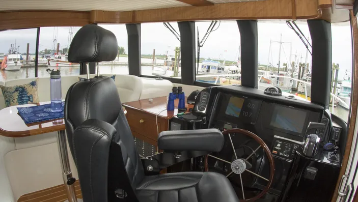 The elevated wheelhouse gives a commanding view with a room lounge. Photo: Haig-Brown/Cummins