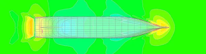 Wave elevation and pressure distribution on the optimized hull  (Photo: DNV GL)