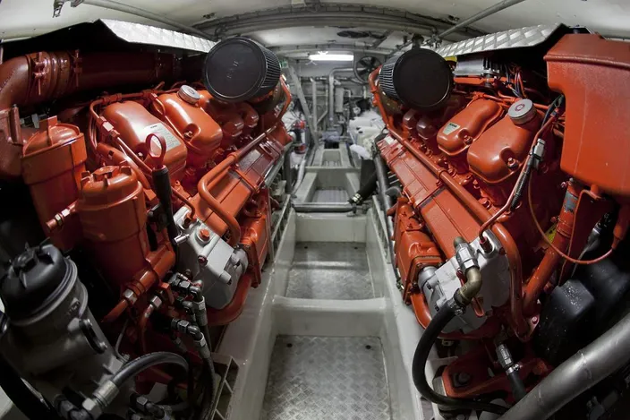 Engine room of a rescue boat powered by two Scania 16-litre marine engine. (Photo courtesy of Scania)