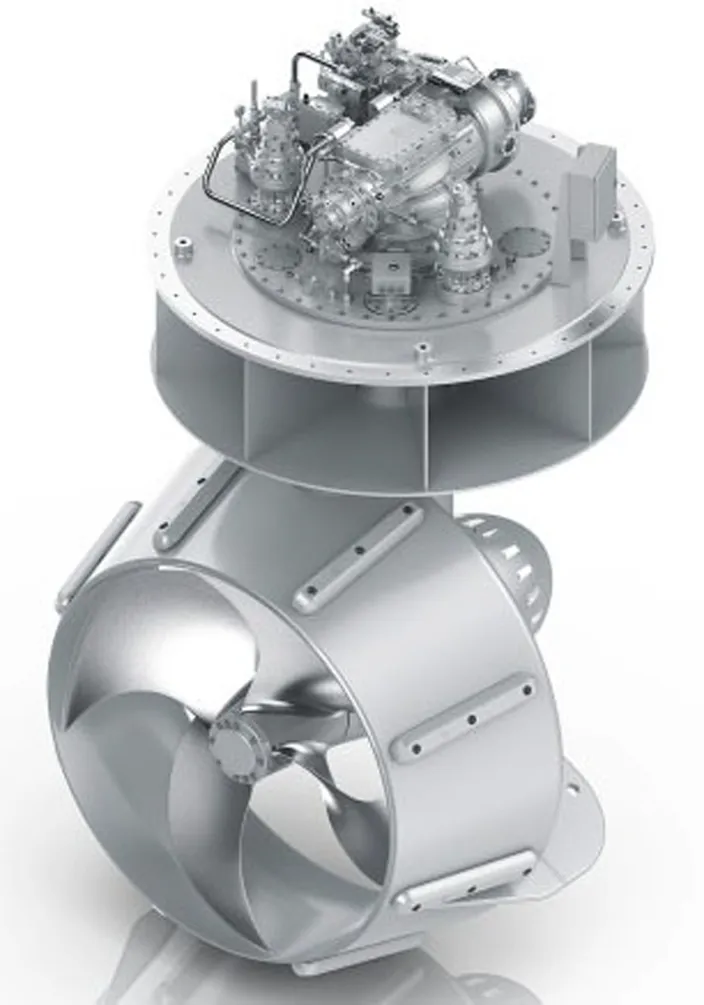 An example of an azimuth thruster, a  ZF AT50 rated at 815kW.
Image courtesy of ZF Marine.