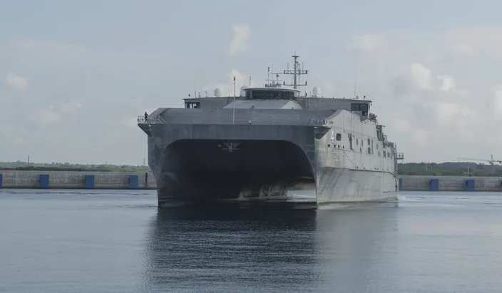 The expeditionary fast transport ship USNS Fall River (T-EPF-4) arrives in Hambantota to participate in Pacific Partnership 2017 mission stop Sri Lanka. (U.S. Navy photo by Joshua Fulton)