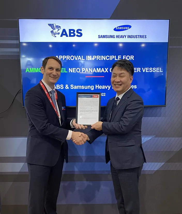 Ezekiel Davis, ABS Vice President of Regional Business Development in Europe, and Seongil Oh, Samsung Heavy Industries Executive Vice President and CMO, at the Posidonia International Shipping Exhibition. Photo courtesy ABS