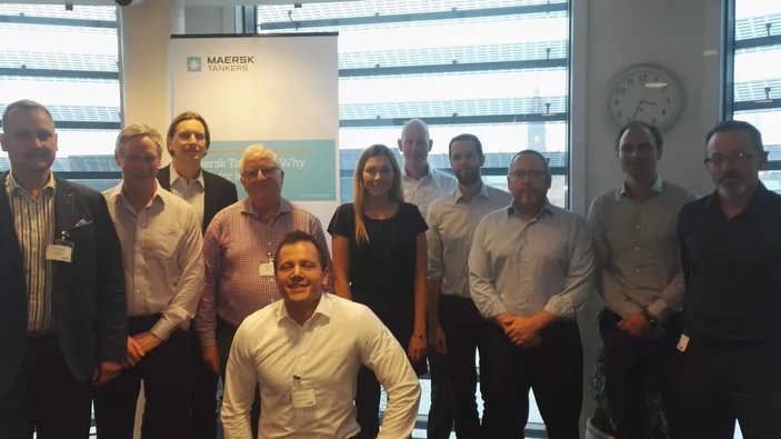 Flettner rotor project group. From left to right - Jarkko Väinämö (Norsepower), Paul Trinick (ETI), Tuomas Riski (Norsepower), Andrew Scott (ETI), Jakub Rzeplinski (Shell), Veronica Nielsen, Steen Jacobsen, Leonardo Sonzio, Tommy Thomassen, Peter Christensen (Maersk), David Connolly (Shell) (Photo courtesy of Maersk Tankers / Norsepower)