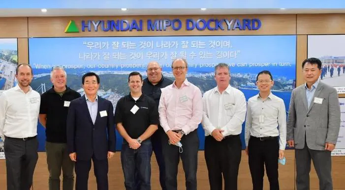 From L-R: Fredrik Gloersen, MD Newbuilding Clasrksons; Thoger Bering, Charterting Containerland Chartering; Shin Hyun-Dae, Chairman, President & CEO HHI Mipo; Tucker C. Gilliam, VP Marine Assets Crowley; Dean Sahr, Manager of New Constructions and LNG Engineering Crowley; Thomas Preben Hansen, Commercial Director Containerships EPS; Capt. Gardiner F. Nealon, Director Crowley; Dan Kwek Manager of Sales & Purchase EPS; Sei Heung Won, SEVP Production Management Department HHI Mipo (Photo: EPS)