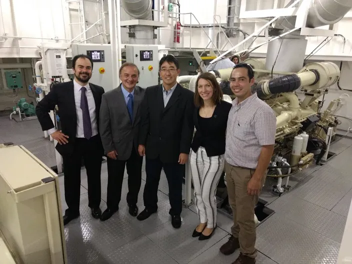 Gathered in the Tebicuary 3 engine room are (l to r) -Victor Vacelar, Application Analyst at Cummins, Armando Tavarozzi,  HHP Sales Leader at Cummins, Marcial Yoshizaki,  Commercial Manager at Tsuneishi, Claudia Kowalczuk, Marketing & Communication Leader at Cummins, Modesto Benitez, Mechanical Technician at Cummins. Photo: Cummins/Haig-Brown