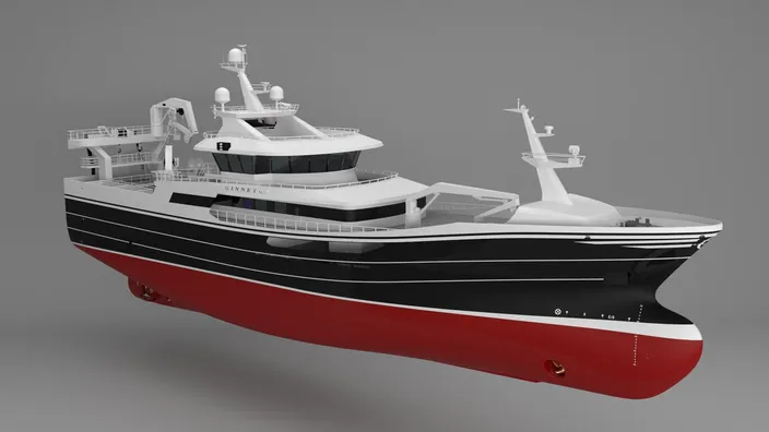 Gifico’s new fishing vessel, “Ginneton”, will operate with a Wärtsilä 32 main engine and other Wärtsilä solutions. © Karstensens Shipyard