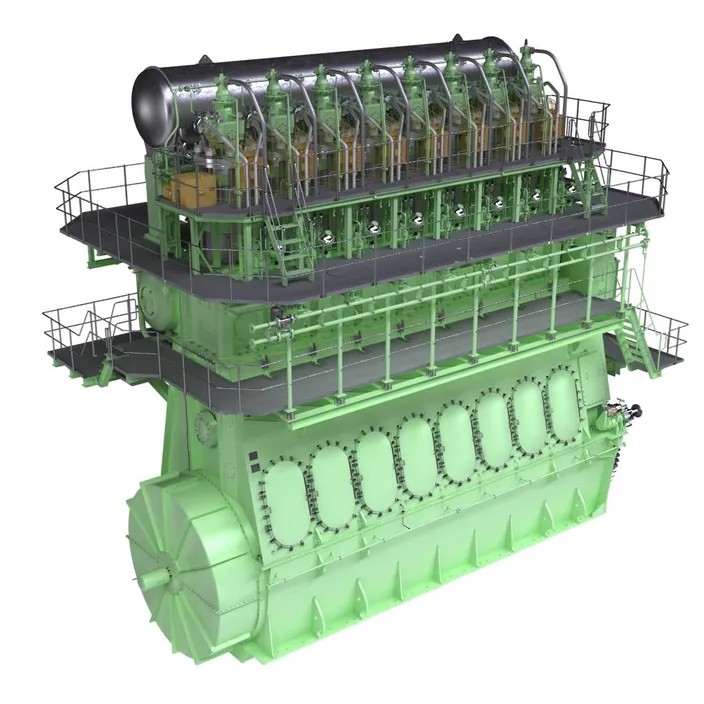 Graphic rendering of a two-stroke, dual-fuel MAN B&W 8L70ME-GI engine. The ME-GI is capable of running on both HFO and gas – predominantly natural gas but also LPG and methane. MAN Diesel & Turbo reports a strong market reception to the engine.