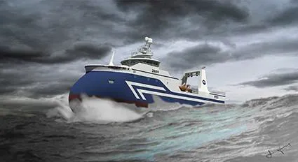 Graphic representations of the Nautic wetfish trawler design for HB Grandi. Each vessel will be powered by an MAN six-cylinder L27/38 unit, accompanied by a four-bladed, 3.8-metre, ducted MAN Alpha VBS 860 propeller (Image courtesy of HB Grandi/Nautic)