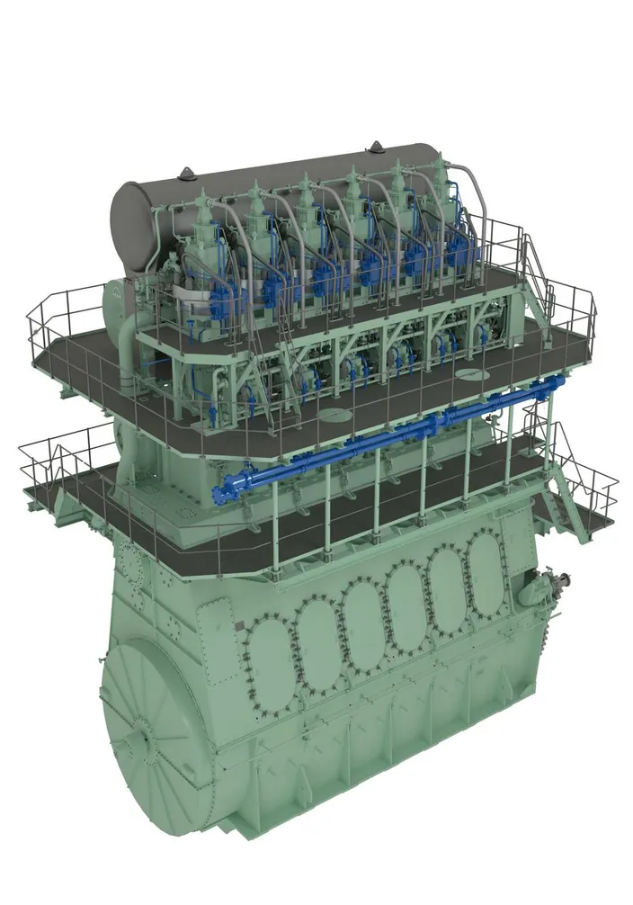 Graphical rendering of the six-cylinder version of MAN Diesel & Turbo’s S70ME-GI dual-fuel low-speed engine. Within the company’s low-speed engine portfolio, the ME-GI engine is officially designated as ME-C-GI (M-type, Electronically Controlled, GI for Gas Injection).