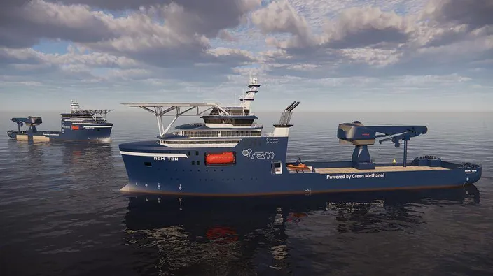 The new ESCV will run on green methanol and batteries and will be the first vessel to perform heavy construction work in both offshore wind and subsea with net zero emissions. Photo by REM Offshore.