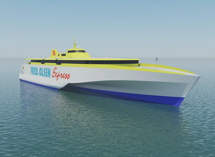 Two new high-speed ferries to be run by Spanish ferry operator Fred. Olsen are each to be powered by four MTU 20-cylinder 8000 M71L engines from Rolls-Royce. The ferries will be 117m trimarans, designed by Austal Australia, and are to ply the waters around the Canary Islands from 2020. (Image: Rolls-Royce Power Systems)
