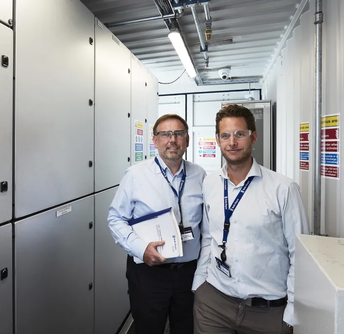 Jens Hjorteset (right) is the Technical Product Manager for SAVe Energy. Erling Johannesen (left) is the Site Manager at Rolls-Royce Power Electric Systems department in Bergen, Norway. (Photo: Øystein Klakegg/Rolls-Royce Marine)