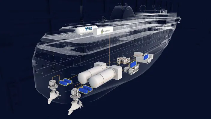 Illustration of the ship’s propulsion systems with integrated LH2 tank and fuel cells.
Photo: Havyard
