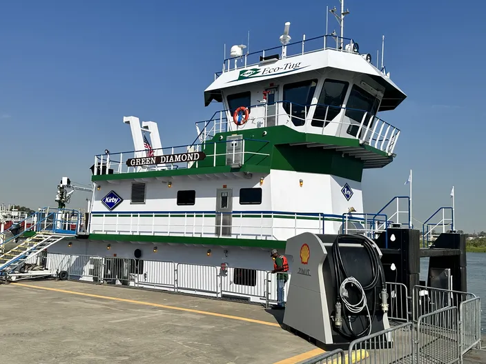 Kirby Inland Marine's Green Diamond—the United States' first plug-in hybrid electric inland towboat—was christened on August 25, 2023 in Houston. (Photo: Corvus Energy)