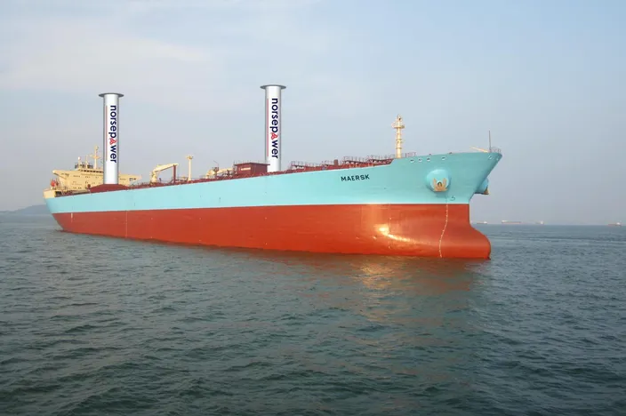 Maersk P-Class Illustration with two 30x5 Norsepower Rotor Sails (Photo: Maersk Tankers / Norsepower)