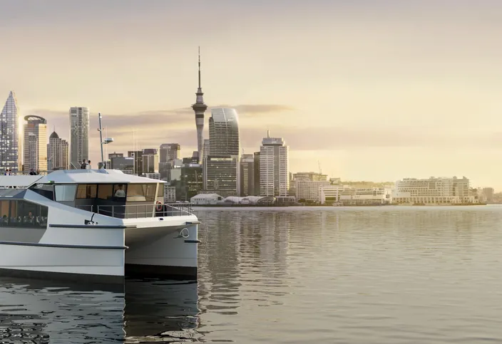 EV Maritime’s EVM200 battery electric commuter fast ferry, of which the first two are nearing completion in New Zealand for public transportation authority Auckland Transport. (Image: EV Maritime)