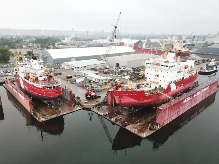 The CCGS Martha L. Black is fitted with Thordon’s propeller shaft bearings, Water Quality Package and rudder bearings at Heddle Shipyards in dry dock (Photo: Thordno Bearings)