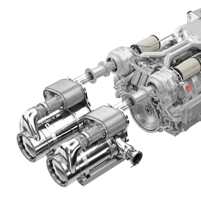 The modular exhaust gas aftertreatment system from MAN Engines is compact and meets the requirements of both the IMO Tier III and US EPA Tier 4 emissions standards. (Photo: © MAN Engines)