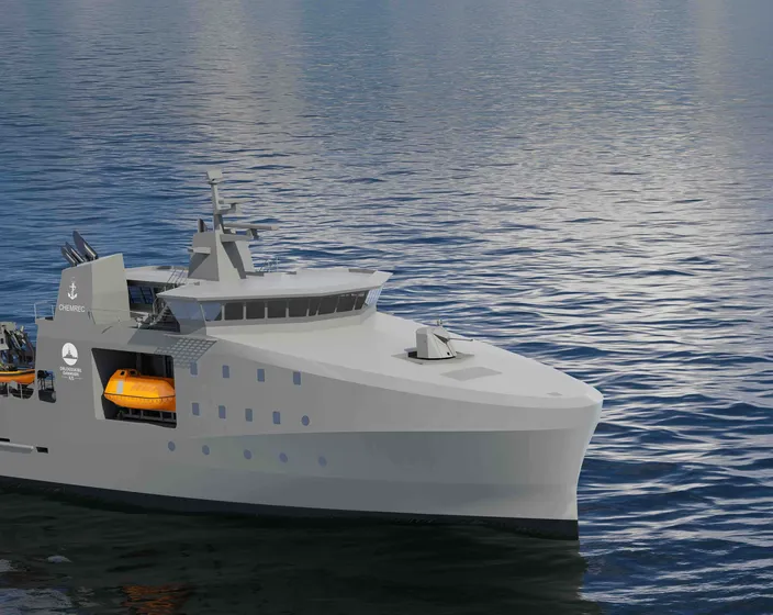 The new Multi-Role Environmental Vessel being built for the Royal Danish Navy by Karstensens Skibsværft will be equipped with two Steerprop SP 45 W azimuth propulsors and a Steerprop SP 10 TT tunnel thruster. Image: OSK Design.