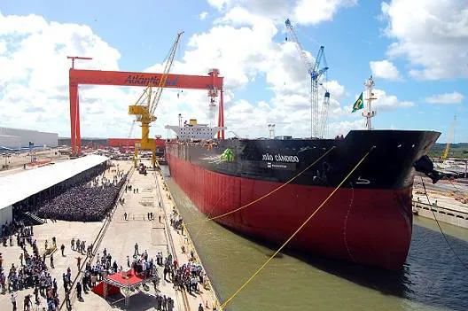 Naming ceremony in 2010 for the ‘João Candido‘, the first Suezmax tanker in a series of ten built by Estaleiro Atlântico Sul for TransPetro and a sister ship to ‘Zumbi dos Palmares’. The oil tanker’s main engine is an electronically controlled MAN B&W 6S70ME-C type, designed by MAN Diesel & Turbo and built by licensee Doosan (Photo: Petrobrás)