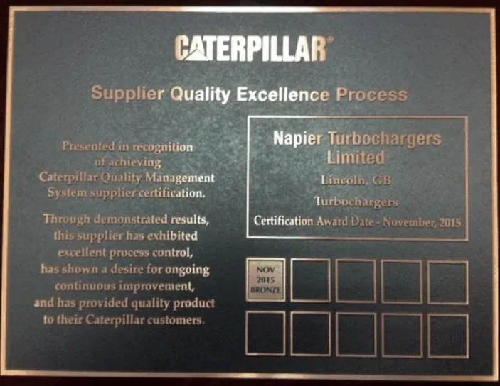 Napier Turbochargers’ Caterpillar SQEP Certificate (Photo: Napier Turbochargers)