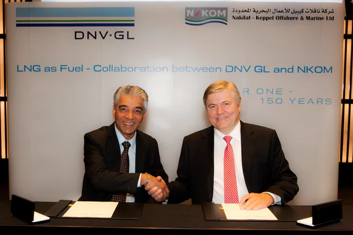 N-KOM’s CEO Chandru Rajwani and Dr Henrik O. Madsen, DNV GL’s Group President and Chief Executive Officer, signed the memorandum. (Photo: Laurence Tissot)