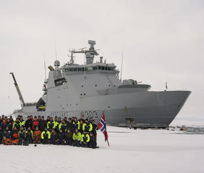 Norwegian Coast Guard vessel KV Svalbard and its crew at the North Pole: the ship is the first ABB Azipod powered craft to reach the Pole. (Photo: ABB)
