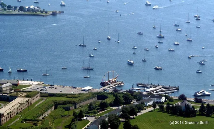 The SSV Oliver Hazard Perry tried out the location adjacent to its soon-to-be constructed permanent berth as Fort Adams State Park during its Dedication in July of 2013. The ship will return to Newport this winter for its final phases of construction. (Photo Credit Graeme J. Smith)