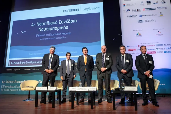 Panel participants included Wayne Jones (third from right), along with Panos Zachariades, technical manager, Atlantic Bulk Carriers Management; Dimitris Matthaiou, CEO, Arcadia Shipmanagement/Aegean Bulk; Georgios Polychroniou, coordinating director of strategic and corporate activities development, Public Gas Corporation (DEPA) SA - Poseidon Med II project manager; and Stamatis Tsantanis, chairman and CEO, Seanergy Maritime Holdings (Photo: MAN Energy Solutions)