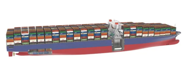 The PERFECt Piston Engine Room Free Efficient Containership has been jointly developed by GTT, CMA CGM and DNV GL. Its operation is based on combined gas and steam (COGAS) technology. (Graphic courtesy of DNV GL)