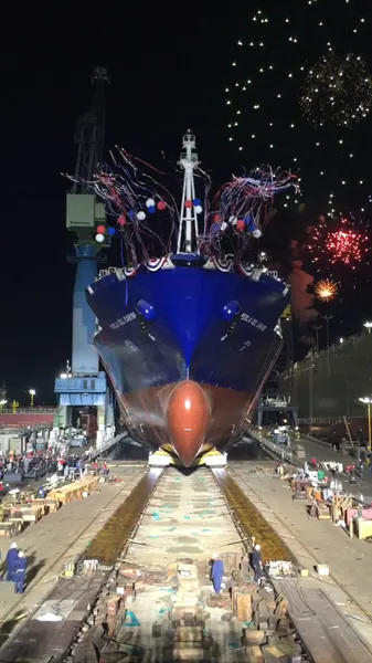 Perla del Caribe, the second of two LNG-fueled Marlin Class ships built by General Dynamics NASSCO for Tote, was launched at NASSCO’s yard in San Diego. (Photo: General Dynamics NASSCO)