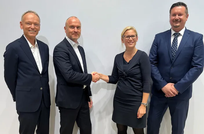 Pictured at SMM, Stig Leira, Transformation Program Manager, ABB Marine & Ports; Rune Lysebo, Global Head of Global Sales, ABB Marine & Ports; Marita Krems, Vice President and Head of Four-Stroke Marine & License, MAN Energy Solutions; and Elvis Ettenhofer, Head of Marine Four-Stroke – Region Asia Pacific, MAN Energy Solutions. (Photo: ABB)
