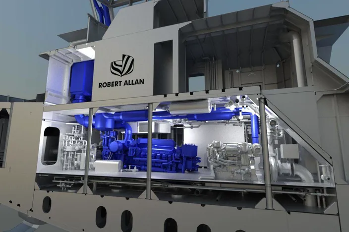 A 3D production model of a Robert Allan Ltd. tug, showcasing a Cat 3516E Tier 4 marine engine with SCR installation. (Image: Robert Allan Ltd.)