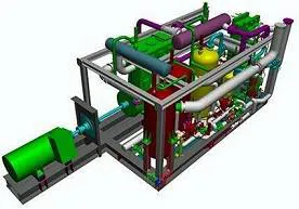The new reliquefaction plant design from Babcock's LGE Process showing the vent gas cooler (in yellow) in the middle of the skid-mounted unit.