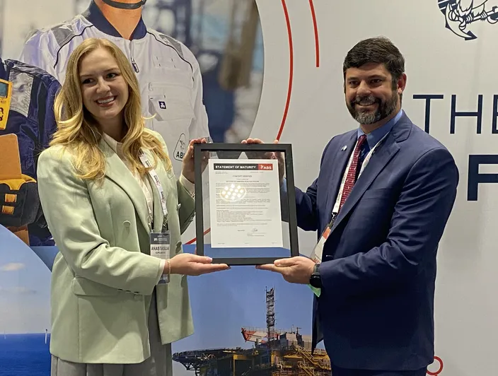 Left to right: Anastasija Kuprijanova, director of maritime dusiness development, Amogy, with Keegan Plaskon, director, business development – eastern North America, American Bureau of Shipping (Photo: Eric Haun)
