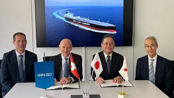 From left to right - Dominik Schneiter, Vice President R&D – WinGD, Klaus Heim, CEO – WinGD, Toru Kitamura, President and CEO - Mitsubishi Shipbuilding Co., Manabu Kawakado, Executive Director, Head of Marine Engineering Centre - Mitsubishi Shipbuilding Co. (Photo: WinGD)