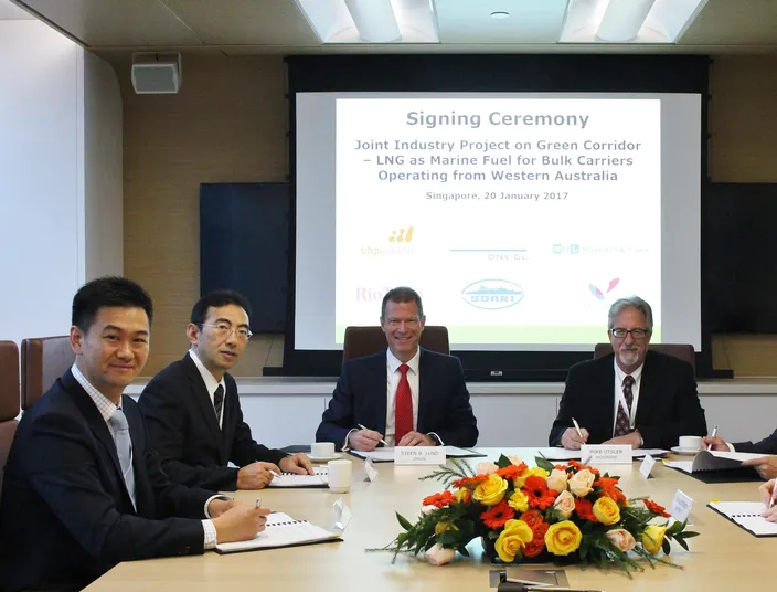From left to right: Chen Gang, Technical Manager from SDARI, Toshiaki Tanaka, Executive Officer, Deputy Director General, Dry Bulk Business Unit from Mitsui O.S.K. Lines, Steen Lund, Regional Manager South East Asia, India and Pacific from DNV GL – Maritime, Mike Utsler, Chief Operating Officer from Woodside Energy, Abdes Karimi, Freight Operations Manager from BHP Billiton, and David O’Brien, Freight Manager from Rio Tinto Marine, at the signing ceremony (Photo: DNV GL)