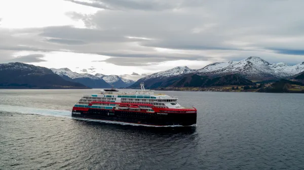 MS Roald Amundsen undergoing sea trials in the waters off Kleven Yard in Norway. Photo: UAVPIC.COM/Tor Erik Kvalsvik/Kleven/Hurtigruten

