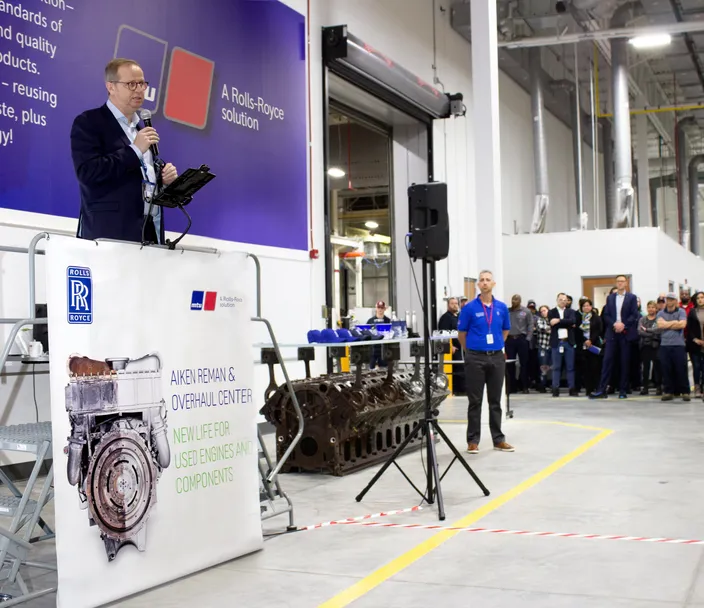 Rolls-Royce Power Systems CEO Joerg Stratmann addressed employees during the opening ceremony for the new Remanufacturing & Overhaul Center at the company’s mtu Aiken campus in South Carolina. Initial production will focus on remanufactured service parts to support customers in North America. (Photo: Rolls-Royce)